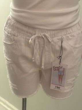 YMI Women's Cream Drawstring Distressed Bermuda Shorts